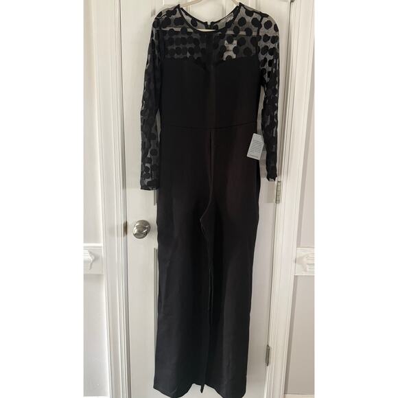 Love x Design NWT | black jumpsuit with polka dot mesh long sleeves | size Large - Picture 3 of 7